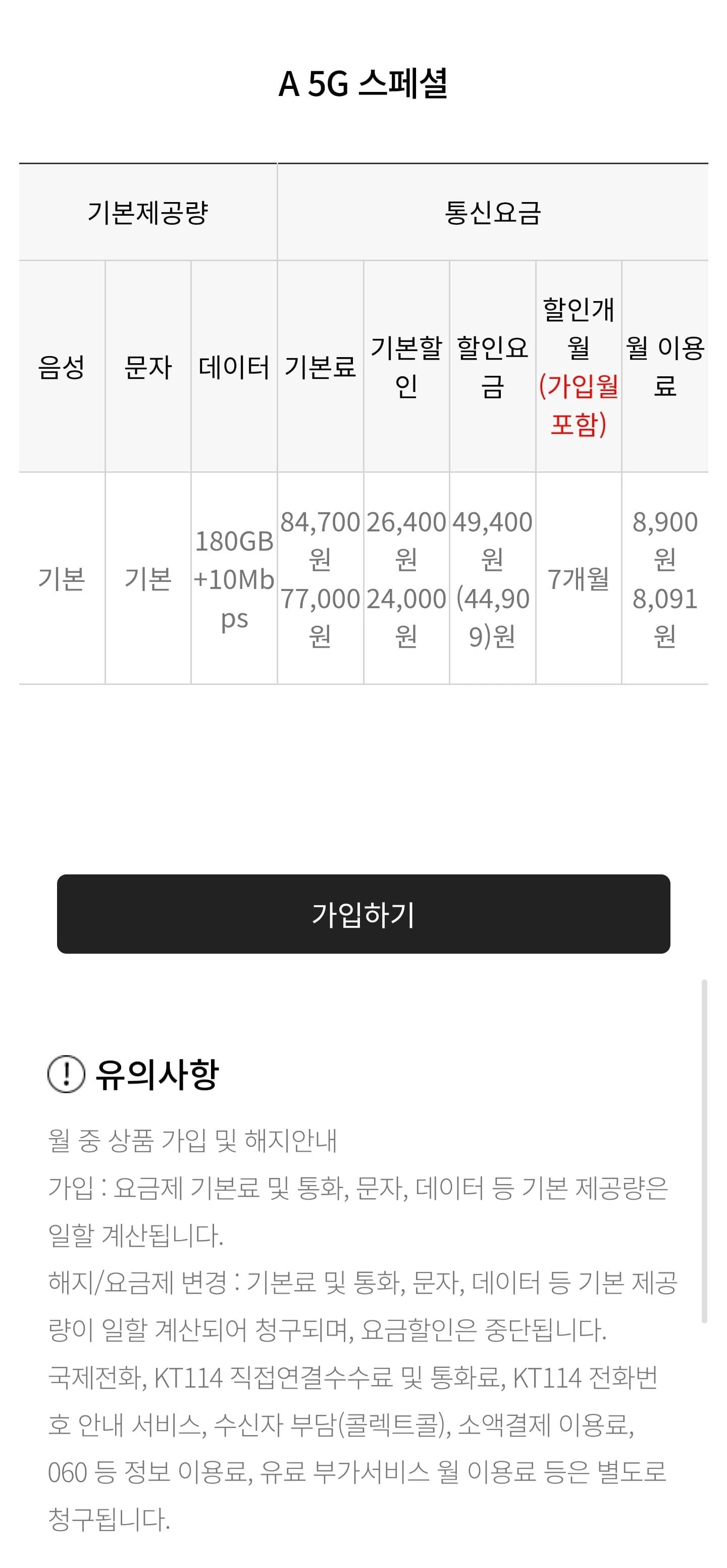 [A모바일] U+알뜰폰 5g망 180gb+10mbps 음성문자무제한 7개월 (8,900원/무...