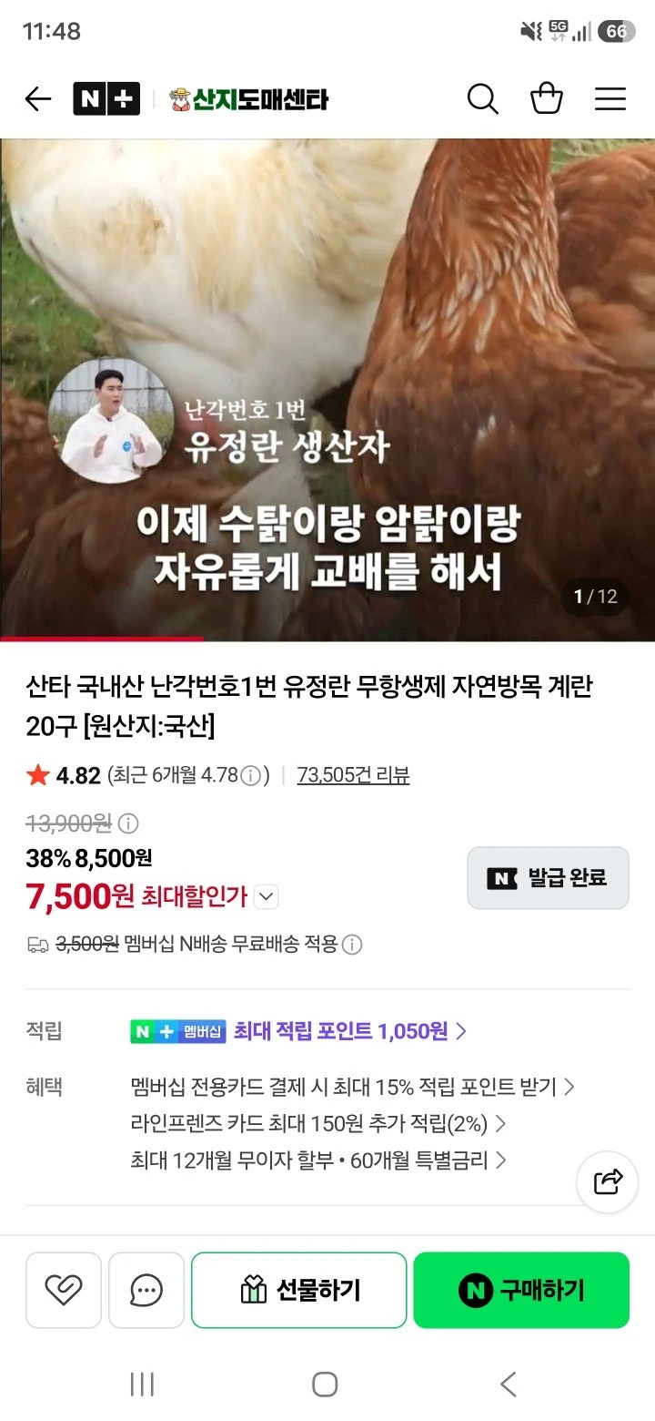 네이버) 산지도매센타 난각번호 1번 유정란 20구 7,500원 네멤무배!