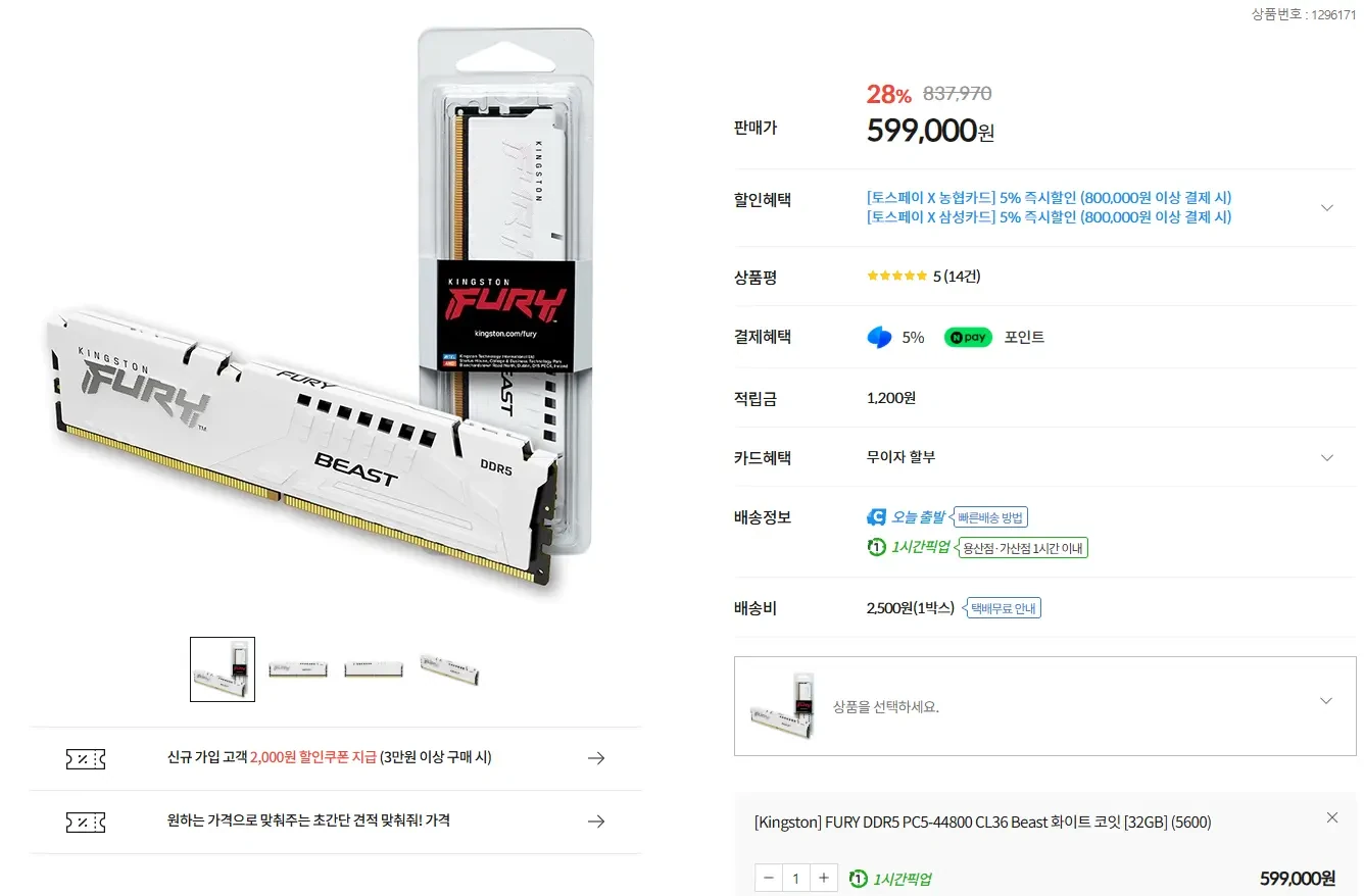 [기타] FURY DDR5 PC5-44800 CL36 Beast 화이트 코잇